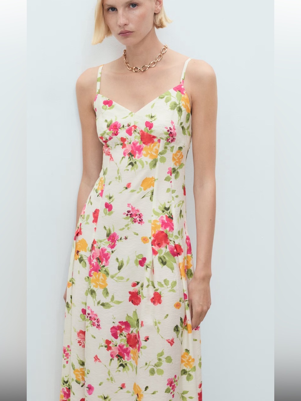Mango Ecru Floral-Print Midi Dress with Pink & Yellow Blooms